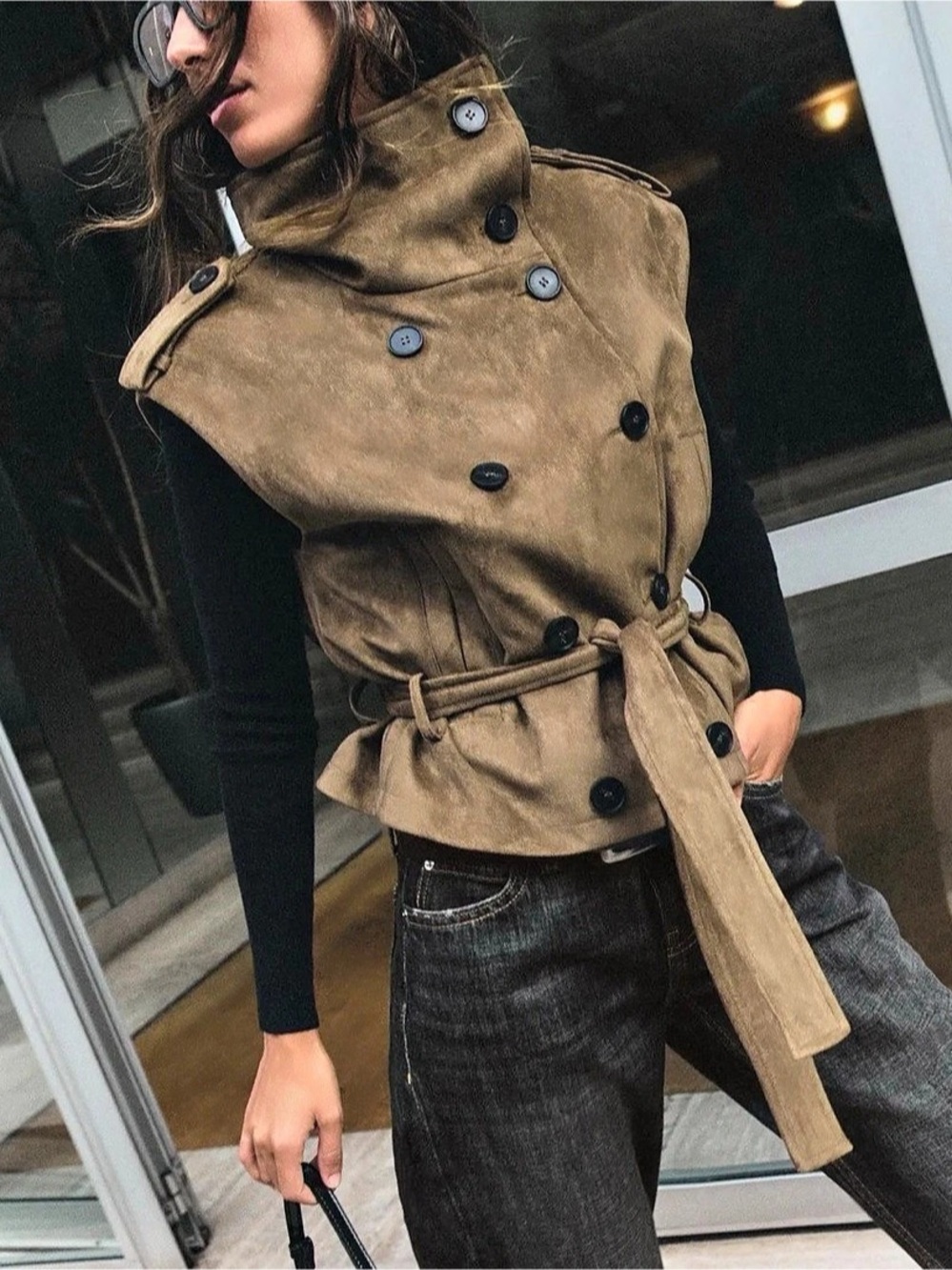 Zara Faux Suede Belted Vest Brown Medium - Picture 4 of 9